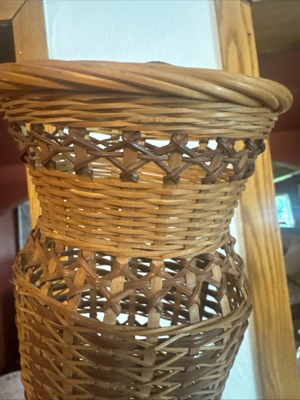 vintage two-toned woven wicker wall pocket basket